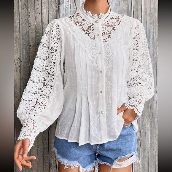 Boho White Sheer Pleated Lace Cuff Long Sleeve Top Blouse Shirt - Picture 1 of 6